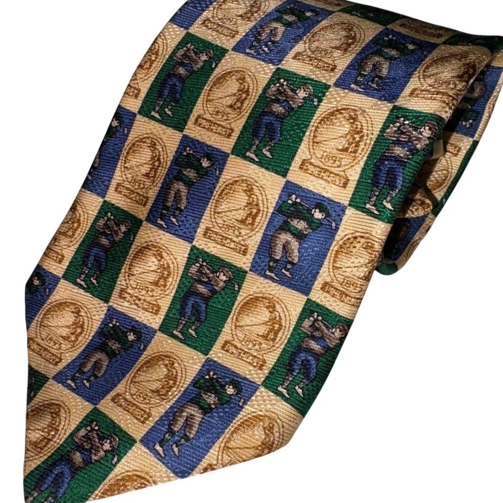 Vintage‎ Pinehurst Golf Tie Silk 1895 Golfer Print Green Blue Resort Souvenir